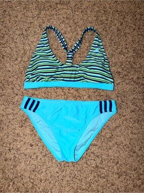 adidas Blue Striped Adjustable Racerback Bikini Set